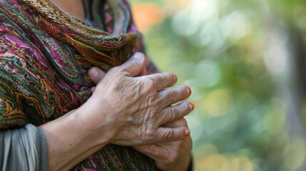 A persons hand gently p on their chest symbolizing the soothing and heartcentered aspects of Reiki healing.