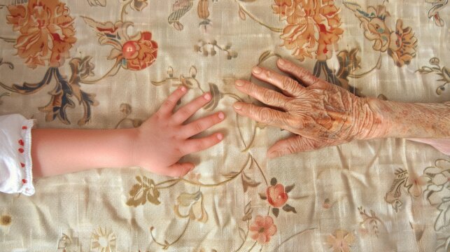 A tender moment between a baby's hand and an elderly's hand on a floral cloth.