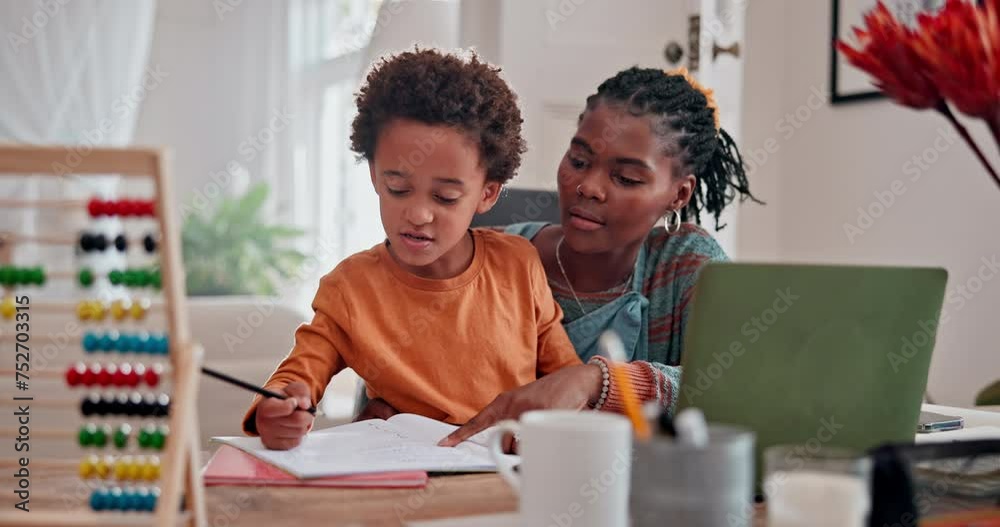 Poster homework, black family and mother with boy, writing and education with notebook and advice. parent, 