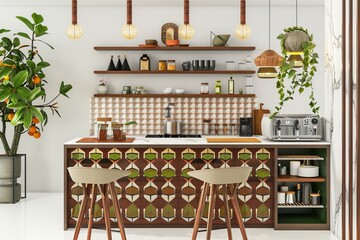 Mid-century modern kitchen and bar featuring retro-inspired furniture and geometric patterns, on isolated white background, Generative AI