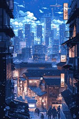 Cyberpunk city background in pixel art style. 