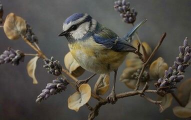 Obraz premium Blue Tit Bird Posed Gracefully on Lavender
