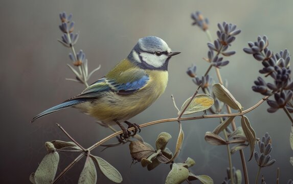 Blue Tit Bird Resting on Lavender Branch