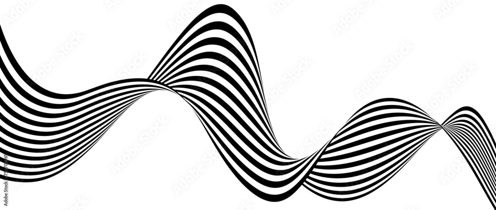 Aufkleber Black and white wavy bent ribbon element. 3D curve stripe shape background. Liquid abstract lines wallpaper for banner, cover, poster, presentation, brochure. Optical illusion art backdrop. Vector 