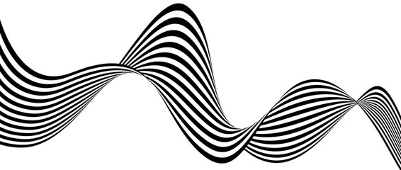 Black and white wavy bent ribbon element. 3D curve stripe shape background. Liquid abstract lines wallpaper for banner, cover, poster, presentation, brochure. Optical illusion art backdrop. Vector 
