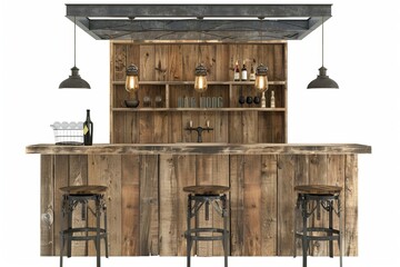 Modern farmhouse kitchen with a rustic bar made from reclaimed barn wood, on isolated white background, Generative AI