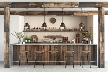 Rustic farmhouse kitchen and bar area with wooden accents and pendant lighting, on isolated white background, Generative AI