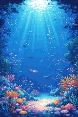 perfectly seamless of deep blue ocean waves from underwater background with micro particles flowing, light rays shining through in pixel art style