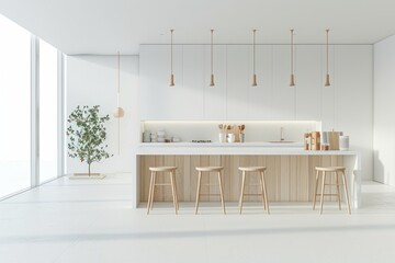 Scandinavian-inspired kitchen and bar area with clean lines and light wood finishes, on isolated white background, Generative AI