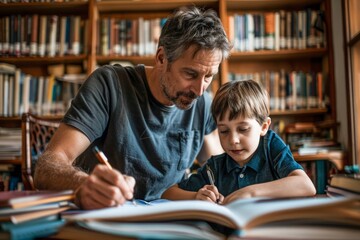 Mature Man Guiding Young Boy in Study Session Surrounded by Books in Cozy Home Library