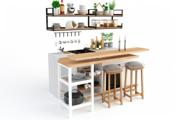 Urban apartment kitchen and bar layout with a compact design and multifunctional features, on isolated white background, Generative AI