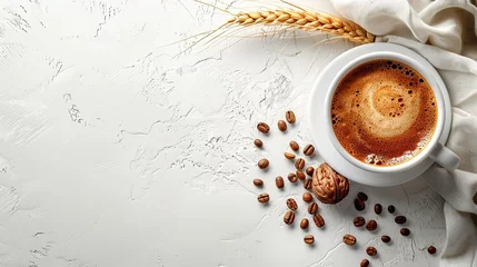 Tuinposter Cup of barley coffee, grains and spikes on white table © JetHuynh