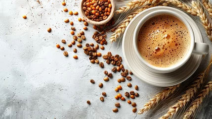 Rolgordijnen Cup of barley coffee, grains and spikes on white table © JetHuynh