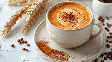 Tuinposter Cup of barley coffee, grains and spikes on white table © JetHuynh