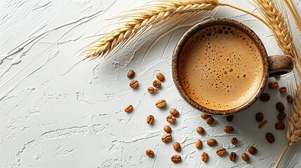 Cup of barley coffee, grains and spikes on white table