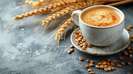 Raamstickers Cup of barley coffee, grains and spikes on white table © JetHuynh