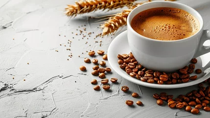 Poster Cup of barley coffee, grains and spikes on white table © JetHuynh