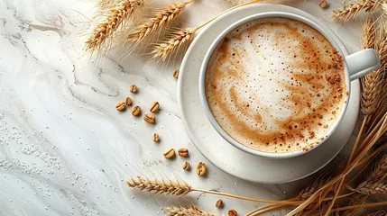 Afwasbaar behang Koffiebar Cup of barley coffee, grains and spikes on white table