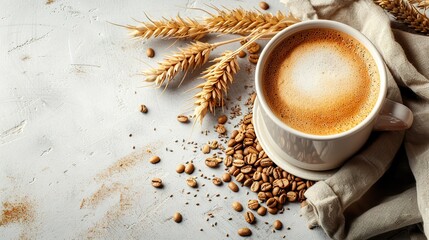 Cup of barley coffee, grains and spikes on white table