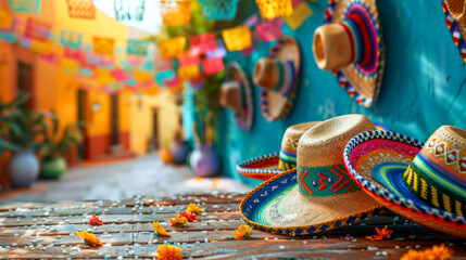 A selection of traditional Mexican sombreros displayed against a vibrant backdrop of a festively decorated alley, invoking the spirit of Mexican heritage. - obrazy, fototapety, plakaty