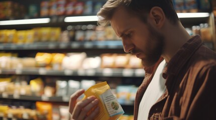 Man reading label on a product in a grocery store. Consumer behavior research, Retail marketing, Nutritional information campaigns. AI Generated. - obrazy, fototapety, plakaty