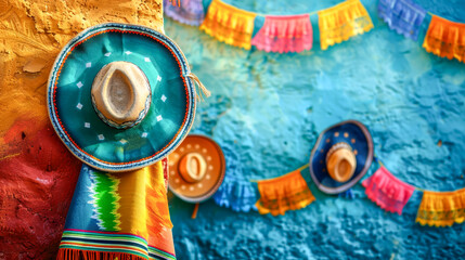 Traditional Mexican sombreros hanging on a colorful wall, complemented by bright papel picado, embody the festive spirit of Mexican culture.