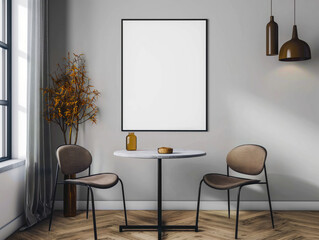 Frame mockup, single vertical, blank poster frame on the wall of the living room or dining room. Scandinavian Modern Interior Design. Artwork mockup