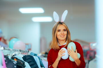 Cheerful Woman Celebrating Easter in a Store. Happy lady celebrating spring holidays enjoying the sales 
