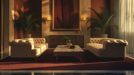 Step into a realm of refined luxury with a living space adorned by two opulent sofas and a vibrant, minimalist table, beautifully captured in HD to emphasize the perfect blend of simplicity and opulen - obrazy, fototapety, plakaty