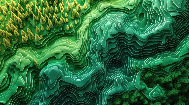 3d topographic map line muli-color image green colors, forest themed include trees