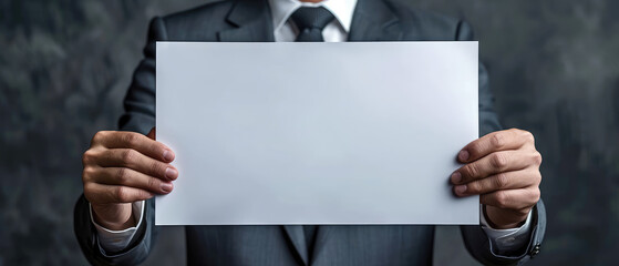 Businessman presenting blank signs for advertisement in a successful business presentation mock up banner