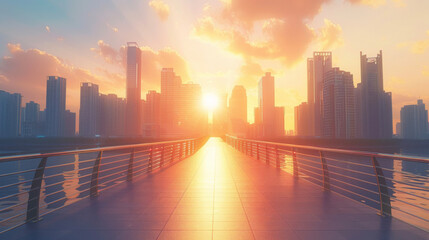 Obraz premium A panoramic view of the city skyline seen from a bridge during a bike tour with the sun setting behind the buildings in a stunning display of light and shadows.