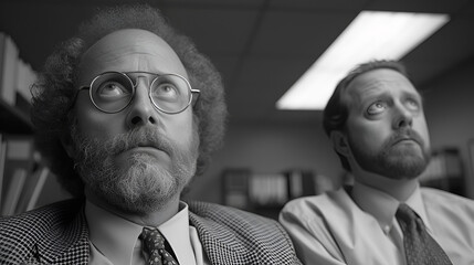 Quirky and eccentric office worker - low angle shot - vintage vibe - vintage retro style - idiosyncratic office characters - serious expressions 