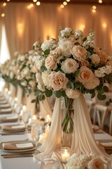 Elegant wedding table with floral centerpiece. AI Generated.