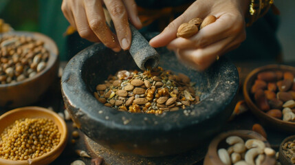 A pair of delicate hands carefully arranging various nuts and seeds into a mortar and pestle preparing to grind them into rich oils for Ayurvedic massage. - obrazy, fototapety, plakaty