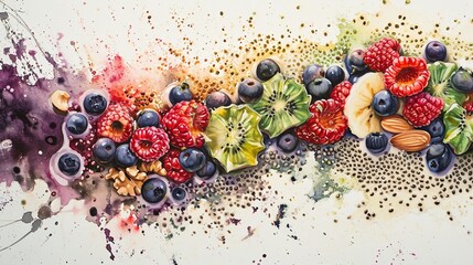 Vibrant food painting with fruits, nuts, and splashes. AI Generated.