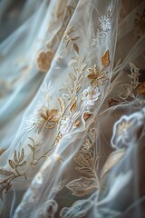 Detailed embroidered bridal gown fabric. AI Generated.