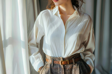 A young woman exudes quiet luxury in a white shirt paired with tweed trousers cinched with a belt.




 - obrazy, fototapety, plakaty