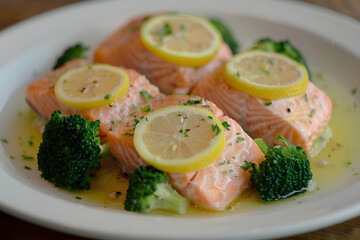 Close-up of a plate of food consisting of salmon fillets sitting on a bed of broccoli with lemons. 