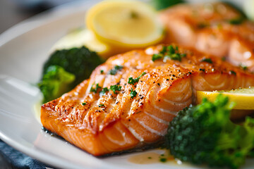 Close-up of a plate of food consisting of salmon fillets sitting on a bed of broccoli with lemons. 