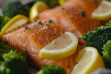 Close-up of a plate of food consisting of salmon fillets sitting on a bed of broccoli with lemons. 