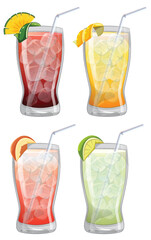 Four vector glasses of assorted fruit drinks