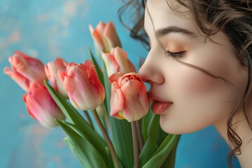 young European woman close up portrait smelling a bouquet of fresh tulips, pastel background, spring celebration