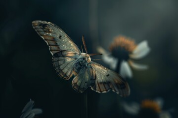 A butterfly is sitting on a flower in the dark. Generative AI.