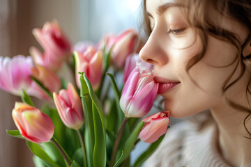 young European woman close up portrait smelling a bouquet of fresh tulips, pastel background, spring celebration