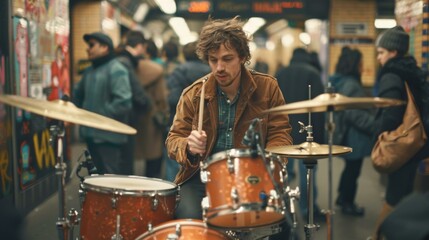 A man playing drums in a  station with other people. Generative AI.