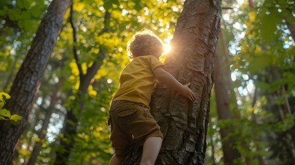 Boy Climbs Tree in Wooded Area on Bright Day