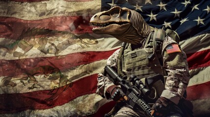 Future military USA Dinosaur Soldier army, Idenpendece day 4 july, american flag background