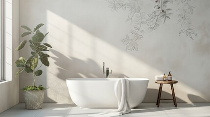 Fototapeta na wymiar Subdued botanical sketches creating a tranquil atmosphere in a bathroom wall mockup