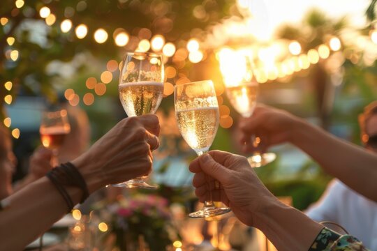 A group of people toasting with champagne glasses at a party. Generative AI.